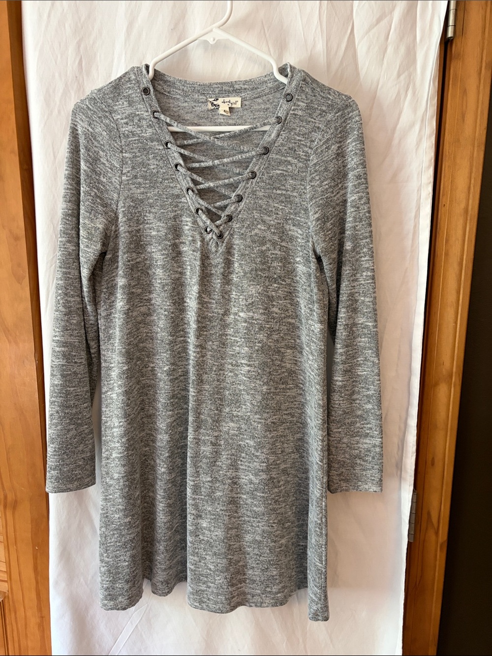 Gray Lace-Up Long Sleeve Junior’s Dress